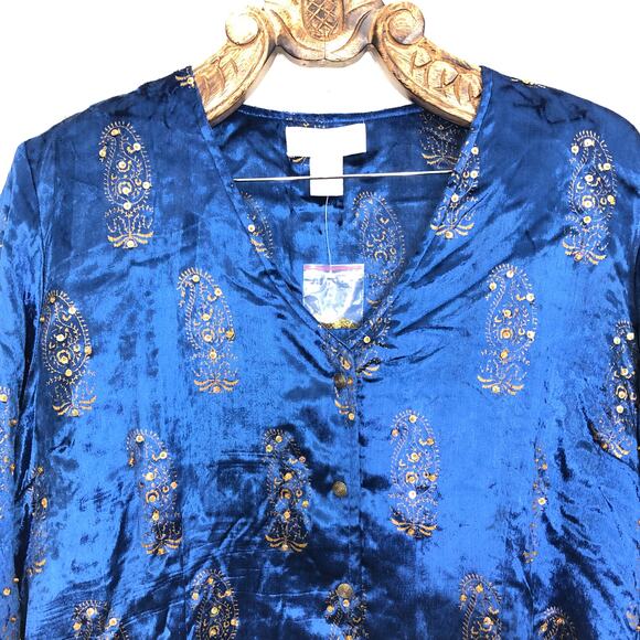 Soft Surroundings Velveteen Button Up Blouse Beaded Sequin Embroidered Blue 3X - Picture 4 of 9